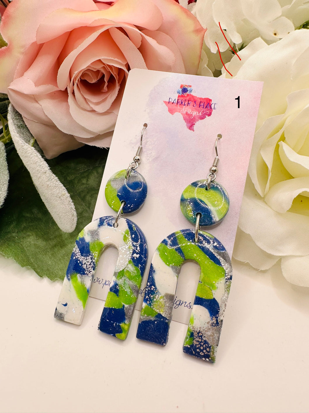 Navy and Lime Marbled Clay Earrings