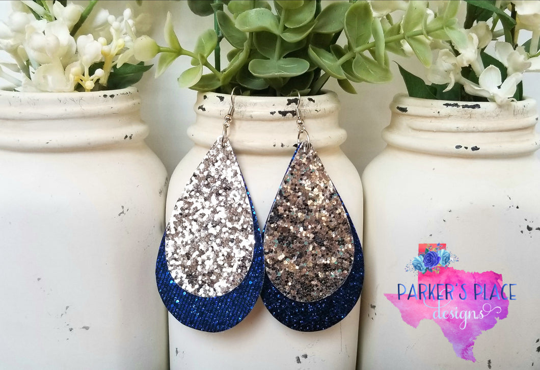 Silver and Royal Blue Glitter Teardrops
