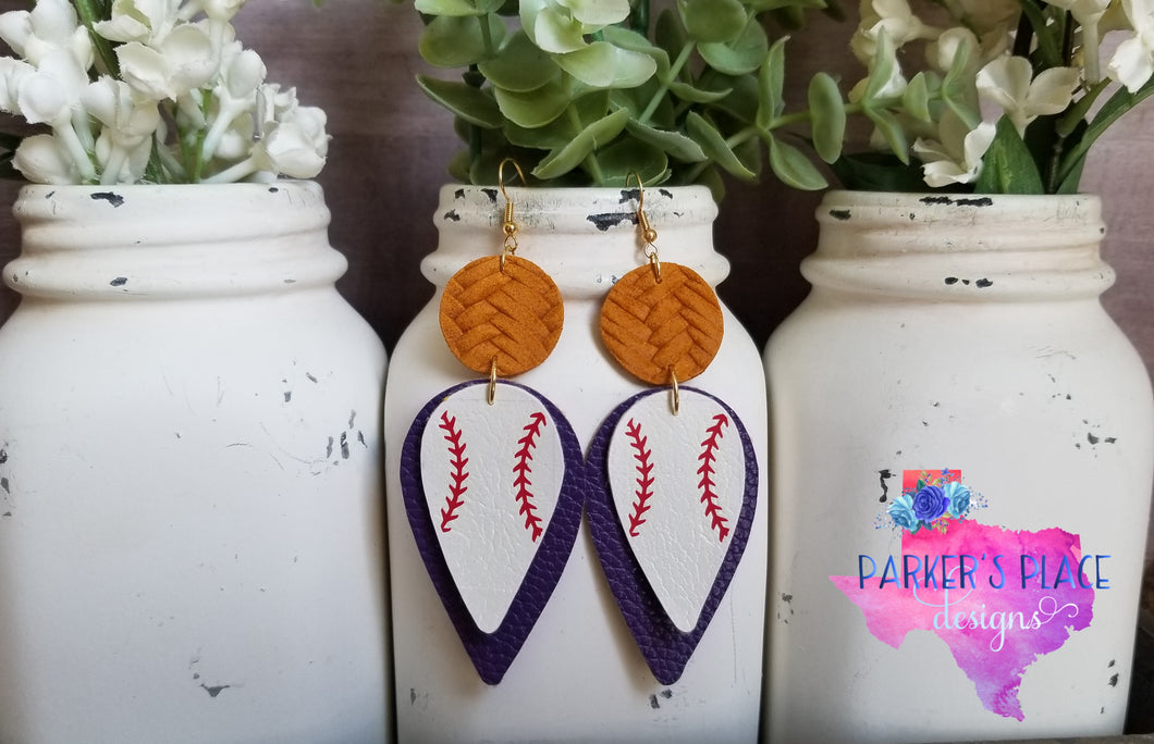 Purple and Yellow Baseball Dangles