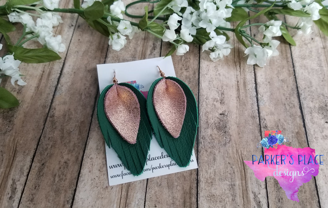 Green and Rose Gold Pinched Feathers
