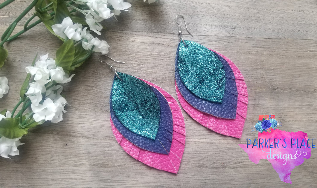 Teal, Navy, and Pink Feathered Leaf