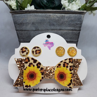 Leopard Floral Bow and Studs