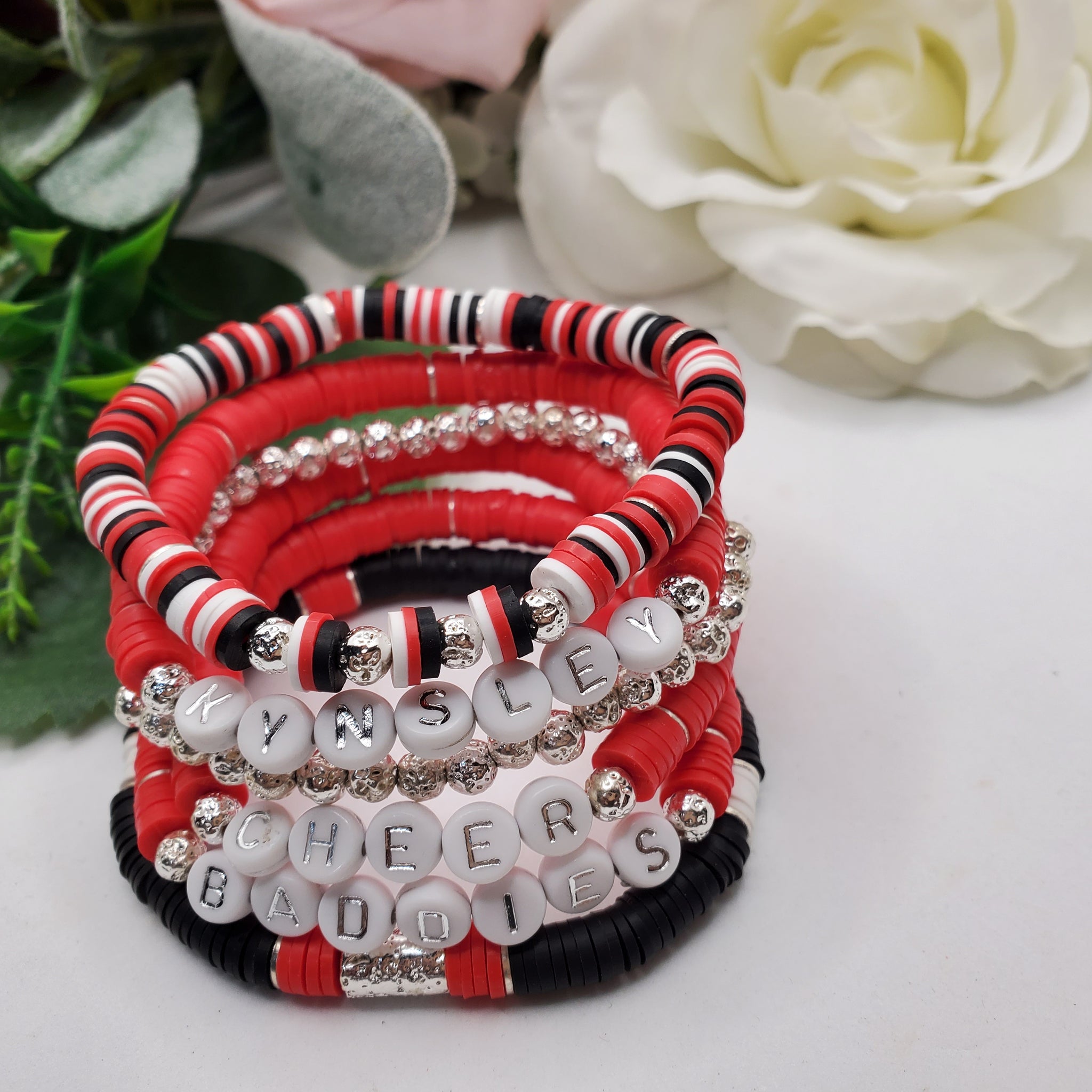 Red, White, and Black Clay Bead Bracelet Kids Size