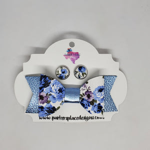Blue Floral Bow and Studs