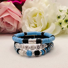 Blue, Black, and White Bracelet Stack